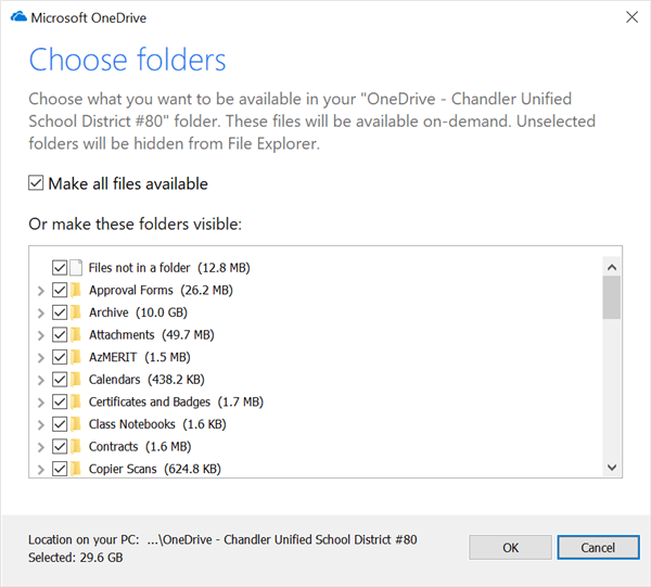 Choose folders screen of OneDrive sync setup 